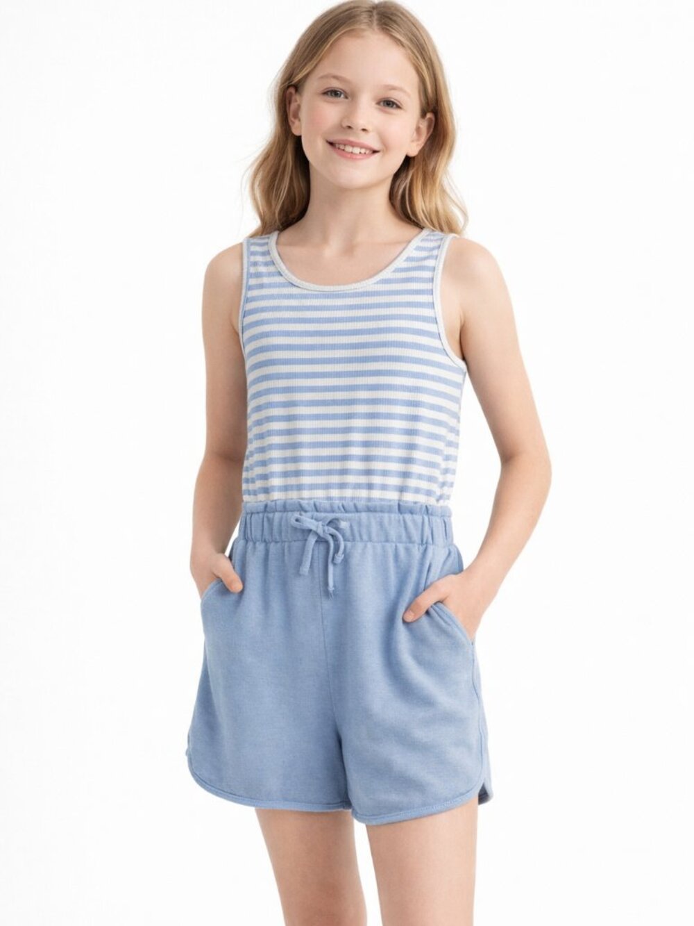 Btween Girls Romper Blue White Striped Sleeveless Matching Blue Shorts Size 12